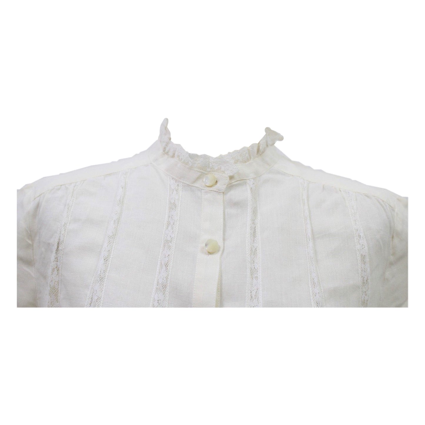 Celine Linen Lace Panel Frill Neck SS Button Down Blouse
