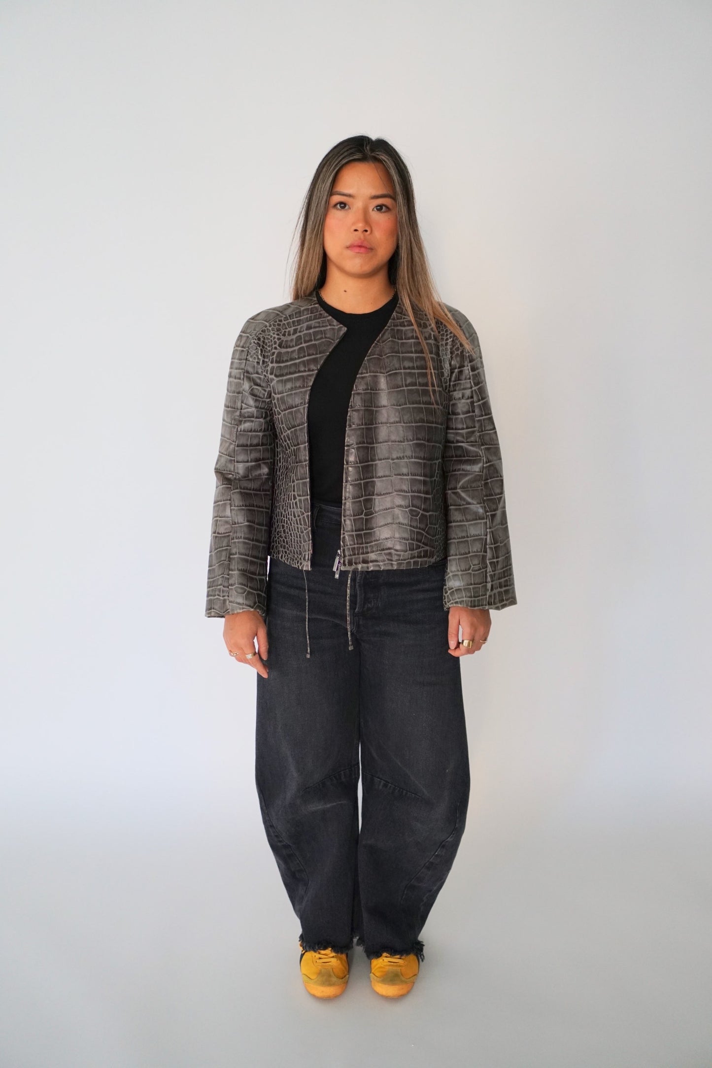 Giorgio Armani Calf Leather Reptile Assymetrical Zip Flare Sleeve Jacket