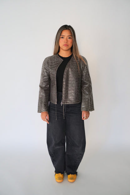 Giorgio Armani Calf Leather Reptile Assymetrical Zip Flare Sleeve Jacket