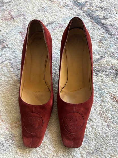 Chanel Red Suede CC Logo Square Toe Heels