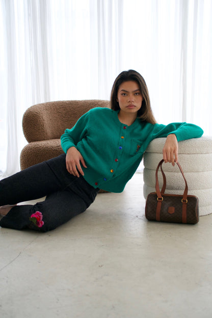 Yves Saint Laurent Green Button Down Gemstone Logo Cardigan