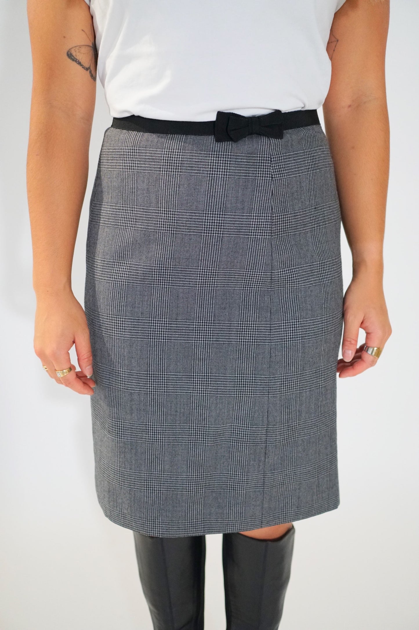 Prada Checkered Midi Pencil Skirt w Ribbon Belt