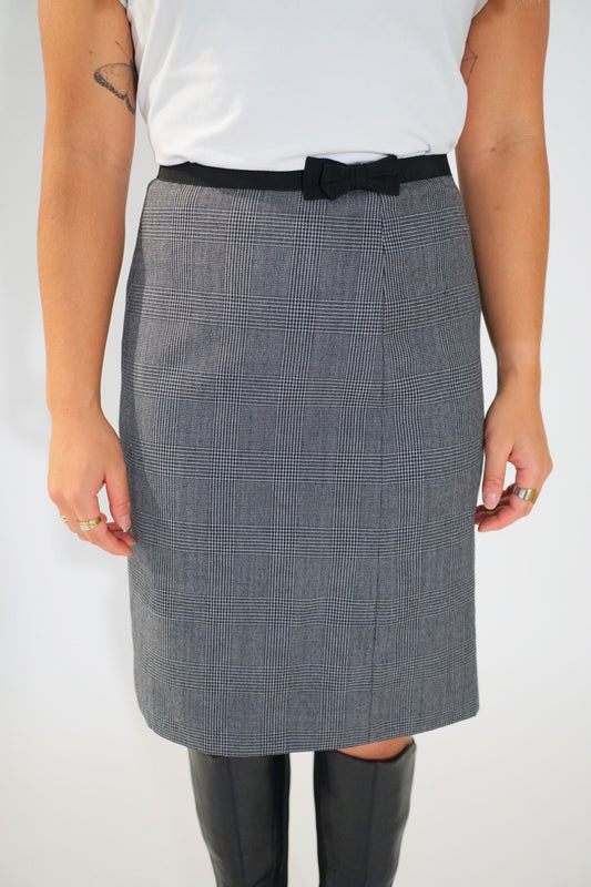 Prada Checkered Midi Pencil Skirt w Ribbon Belt