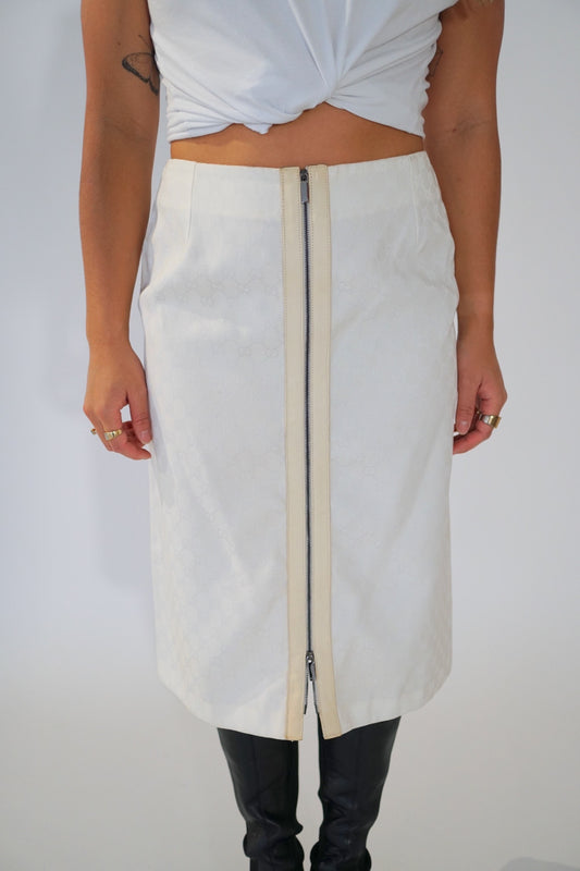 Gucci Monogram White Leather Trim Zip Skirt