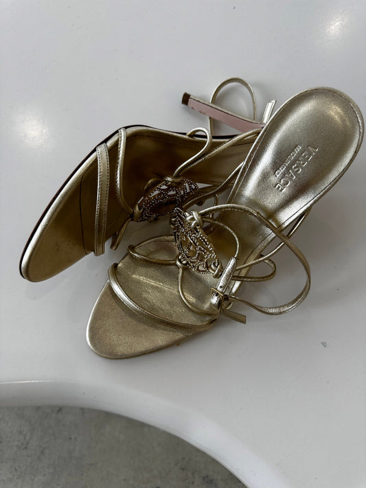Versace Medusa Rhinestone Badge Gold Heels