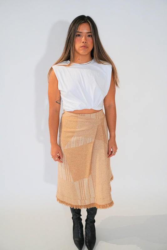 Burberry London Wool Blend Check Print Pleat Fray Hemline Midi Skirt