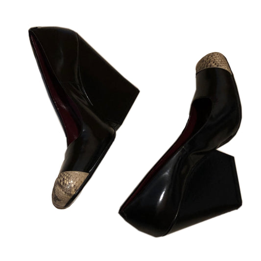 Celine Black Snakeskin Cap Toe Wedges