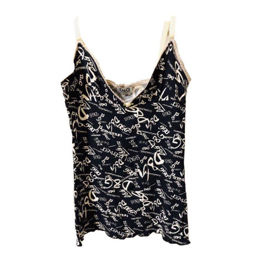 Dolce & Gabbana Scribble Logo Cami Lace Trim Top
