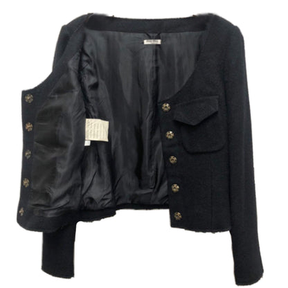 Miu Miu Wool Scoop Neck Pocket Pleat Two Piece Blazer Skirt Set