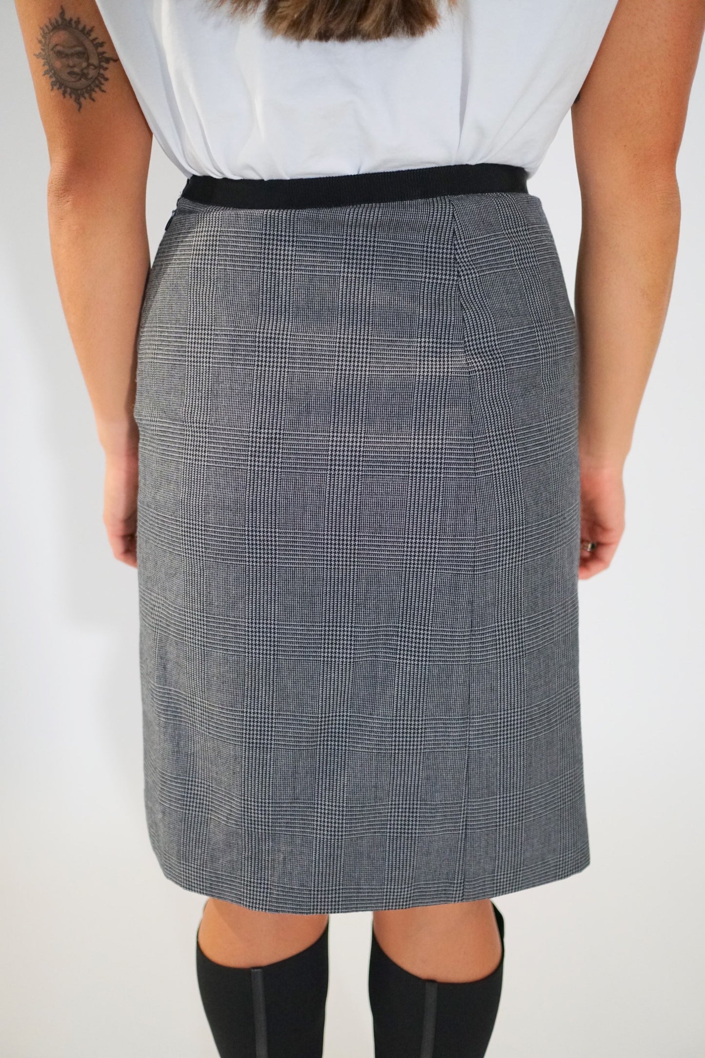 Prada Checkered Midi Pencil Skirt w Ribbon Belt