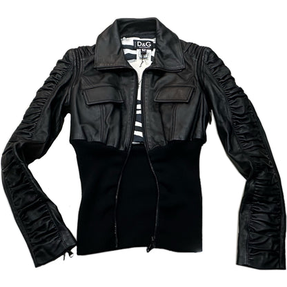 Dolce & Gabbana Leather Pleated Sleeve LeatherJacket w Elastic Waist