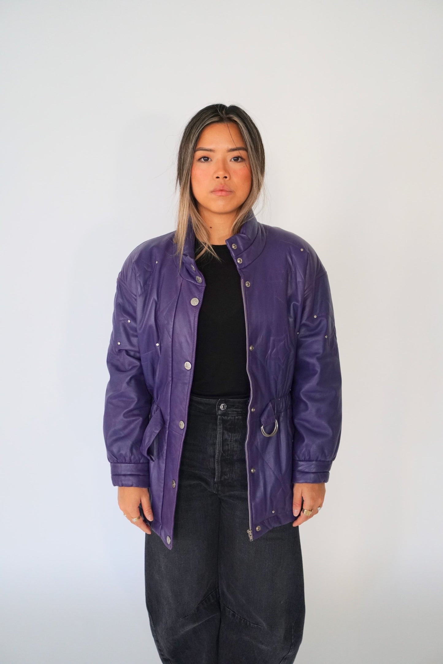 Courreges Leather Purple Star Embroidery Elastic Waist LS Coat