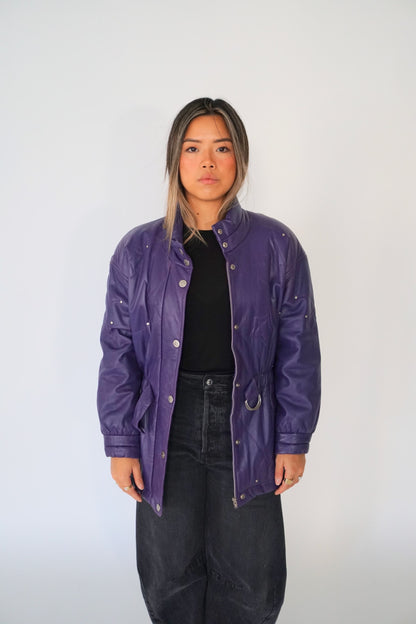 Courreges Leather Purple Star Embroidery Elastic Waist LS Coat