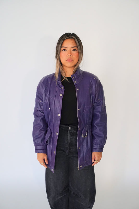 Courreges Leather Purple Star Embroidery Elastic Waist LS Coat