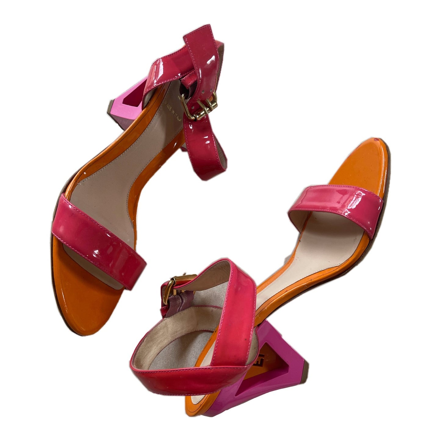 Fendi Enamel Patent Leather Triangle Block Logo Heel Sandals