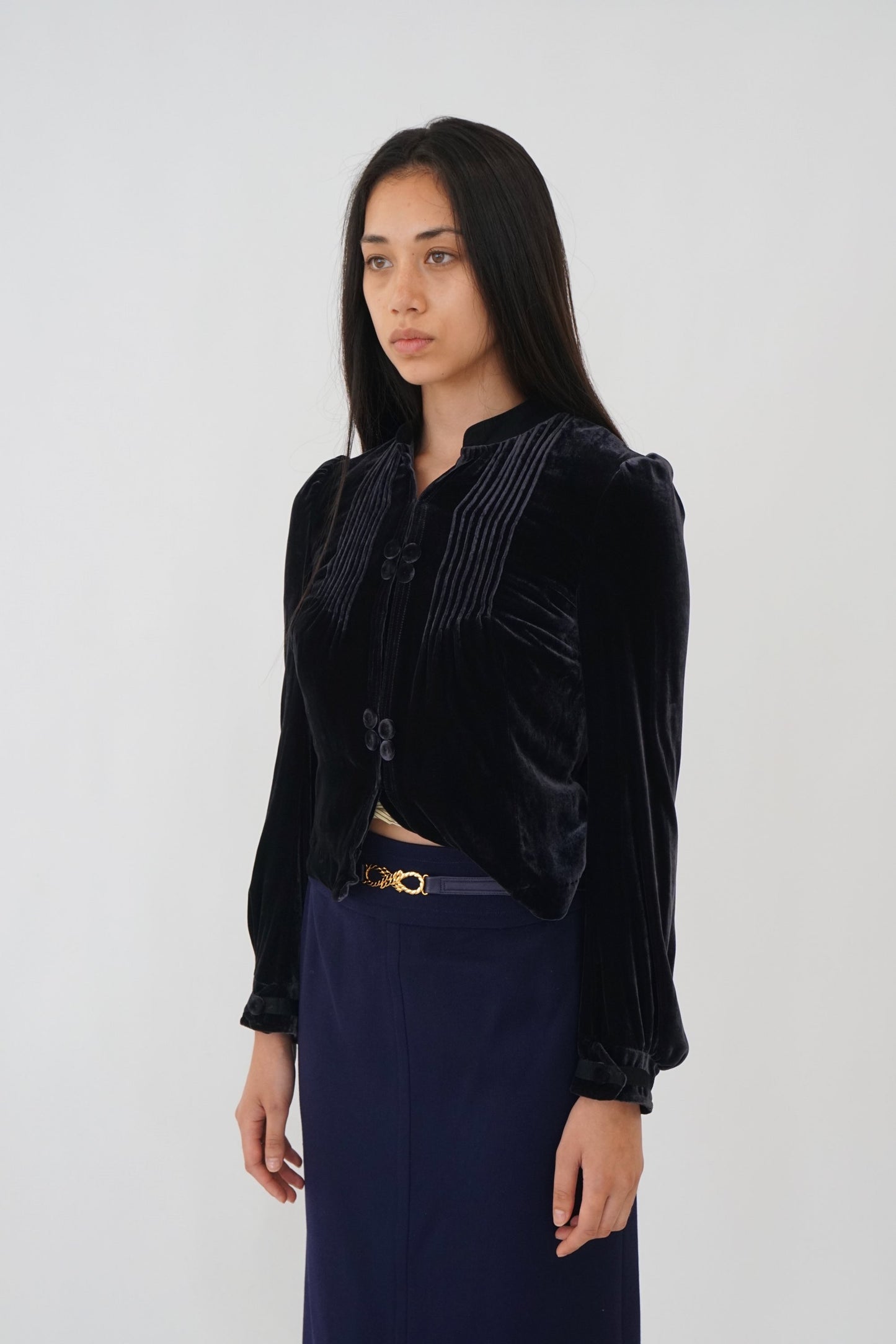 Max & Co Velvet Pleated Navy Frog Closure Jacket