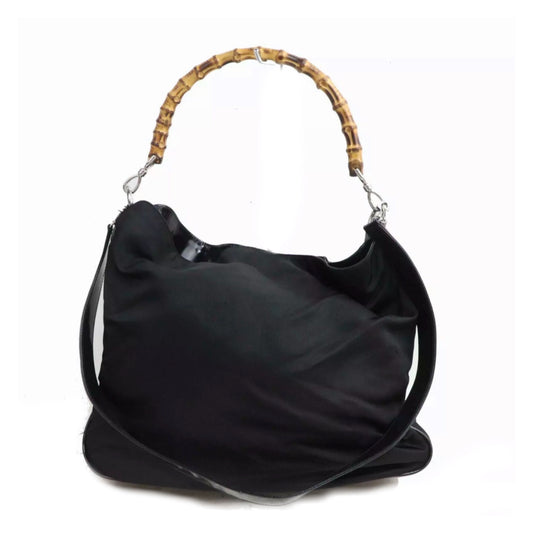 Gucci Large Black Coated Canvas Bamboo Handle Tote Bag