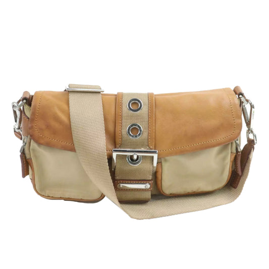 Prada Beige/Brown Nylon/Leather Buckle Handbag