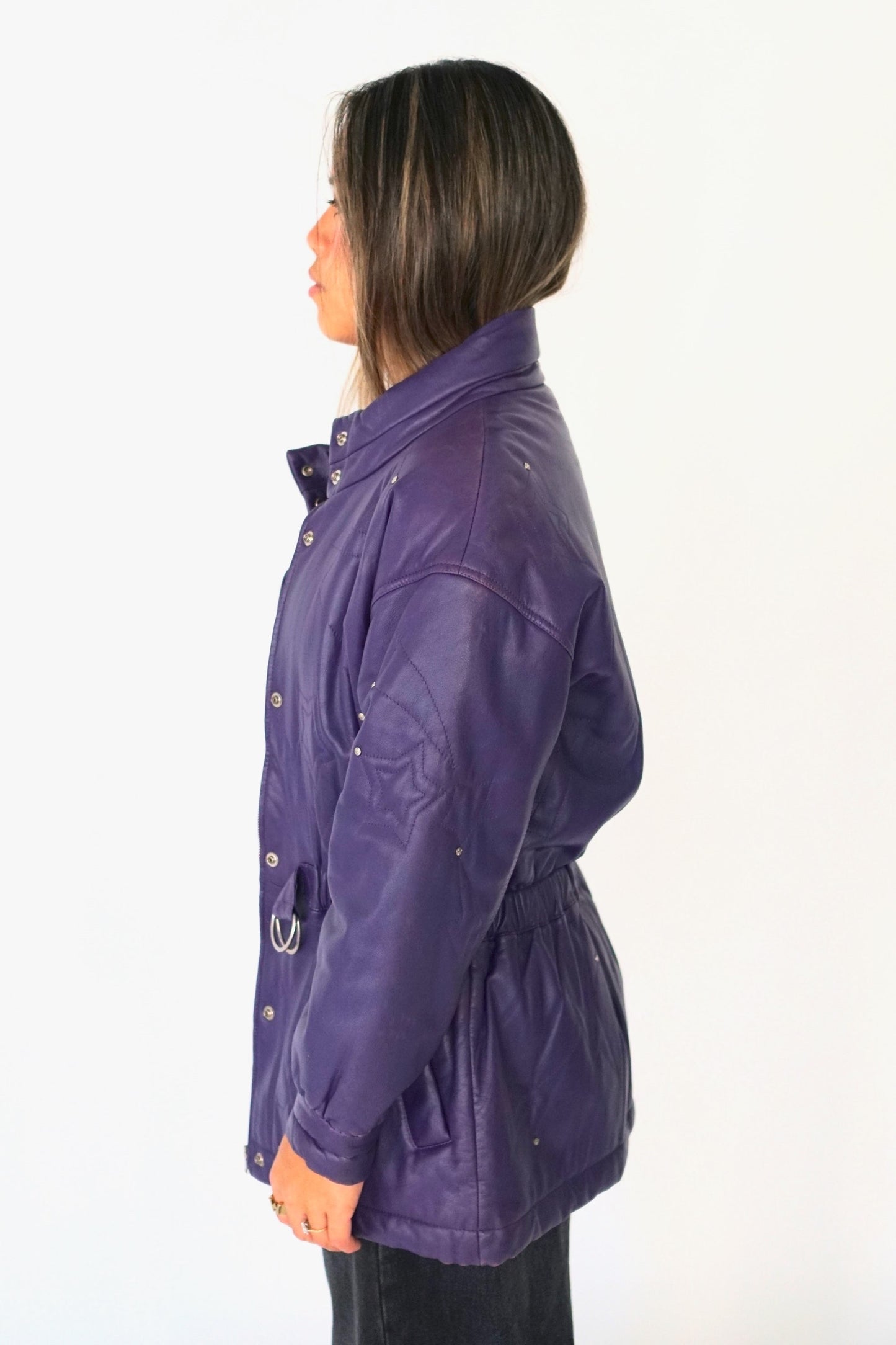 Courreges Leather Purple Star Embroidery Elastic Waist LS Coat