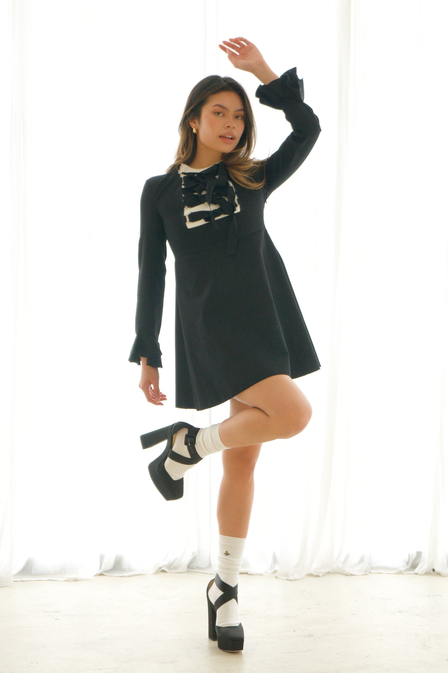 Yves Saint Laurent Lace Up Zip LS Flare Babydoll Dress
