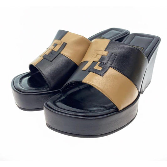 Fendi Leather Wedge Platform Bicolour Logo Sz 37
