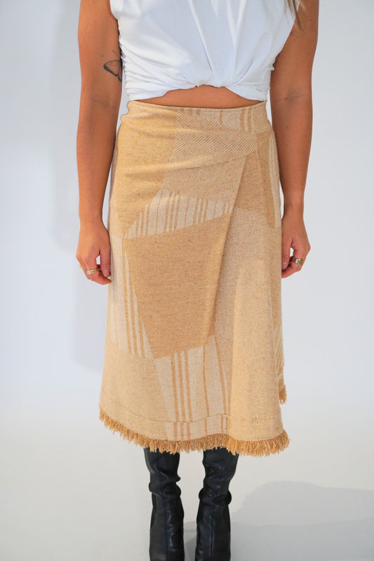 Burberry London Wool Blend Check Print Pleat Fray Hemline Midi Skirt