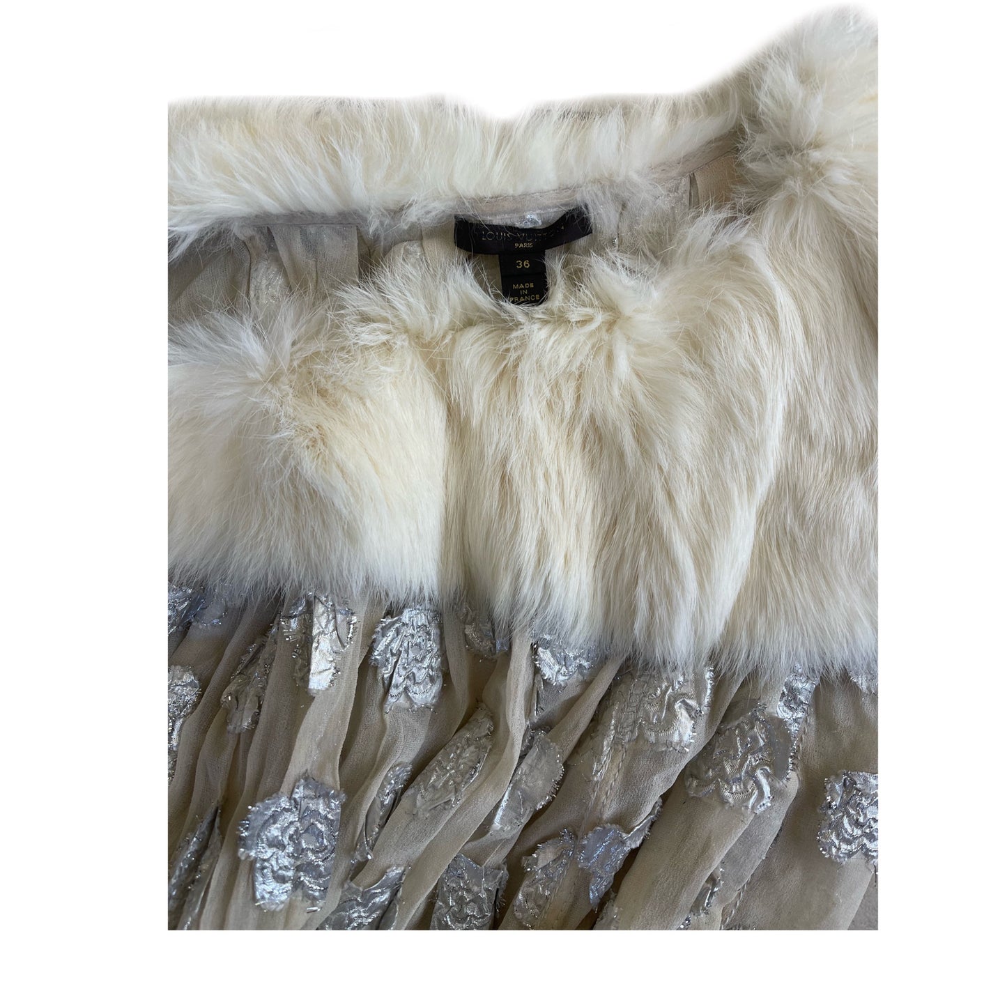 Louis Vuitton Fur Off Shoulder Collar Metallic Floral Applique Silk Top