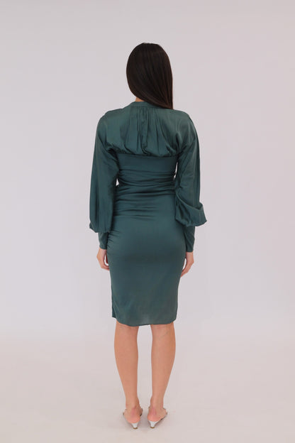 Gucci Teal Silk Overlay Balloon LS Midi Dress