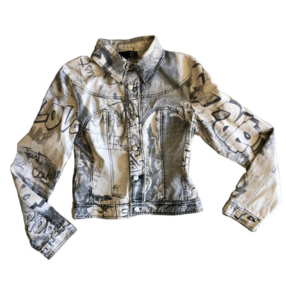 Roberto Cavalli Graffiti Grey/White Bustier Denim Jacket
