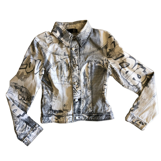 Roberto Cavalli Graffiti Grey/White Bustier Denim Jacket