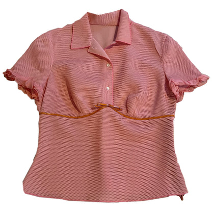 Prada Pink SS Mesh Ruffle Hem w Leather Trim UnderBoob Polo