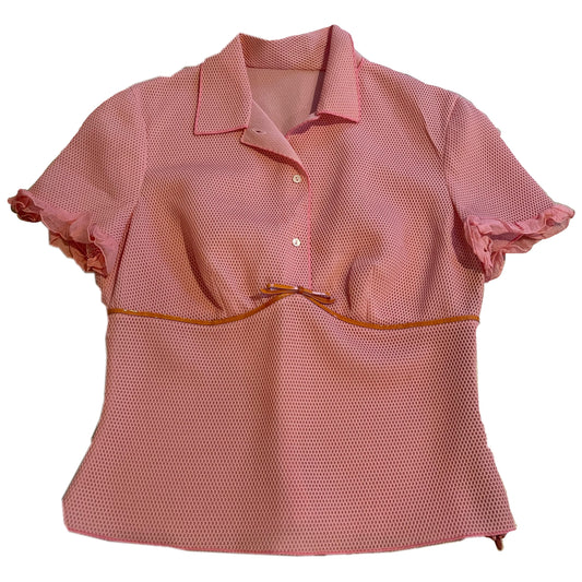 Prada Pink SS Mesh Ruffle Hem w Leather Trim UnderBoob Polo