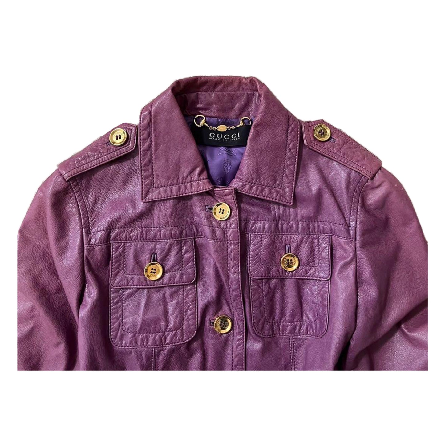Gucci Leather Gold Button Military Jacket