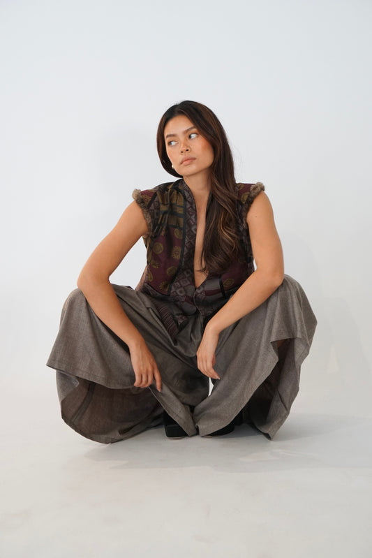 Kenzo Multi Print Vest w Fur Trim Shoulder Pads