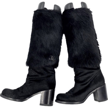 Chanel Fur Knee High Heel Boots W Logo Sz 37.5