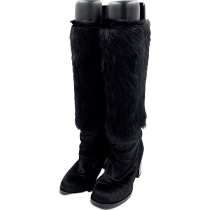 Chanel Fur Knee High Heel Boots W Logo Sz 37.5