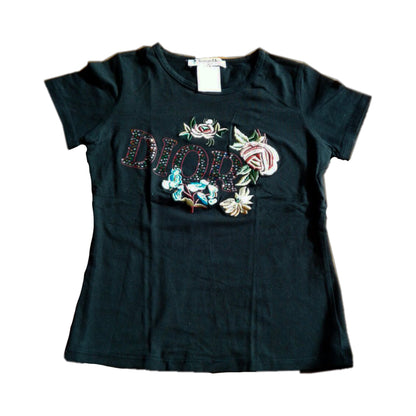 Christian Dior Rhinestone Logo Floral Stitching Tee