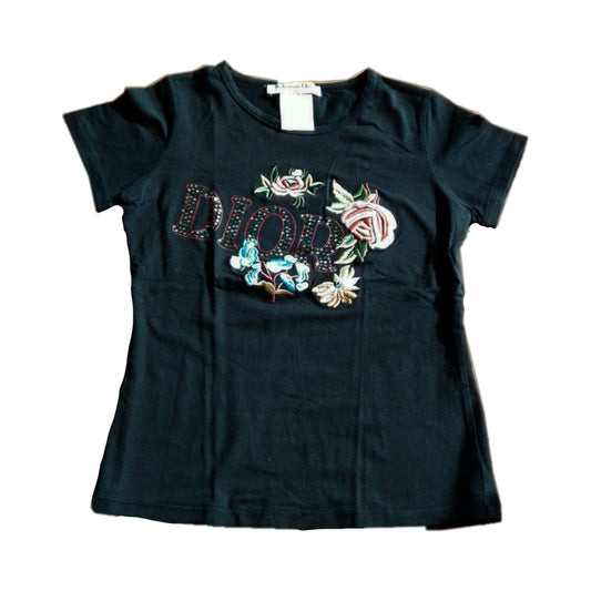Christian Dior Rhinestone Logo Floral Stitching Tee