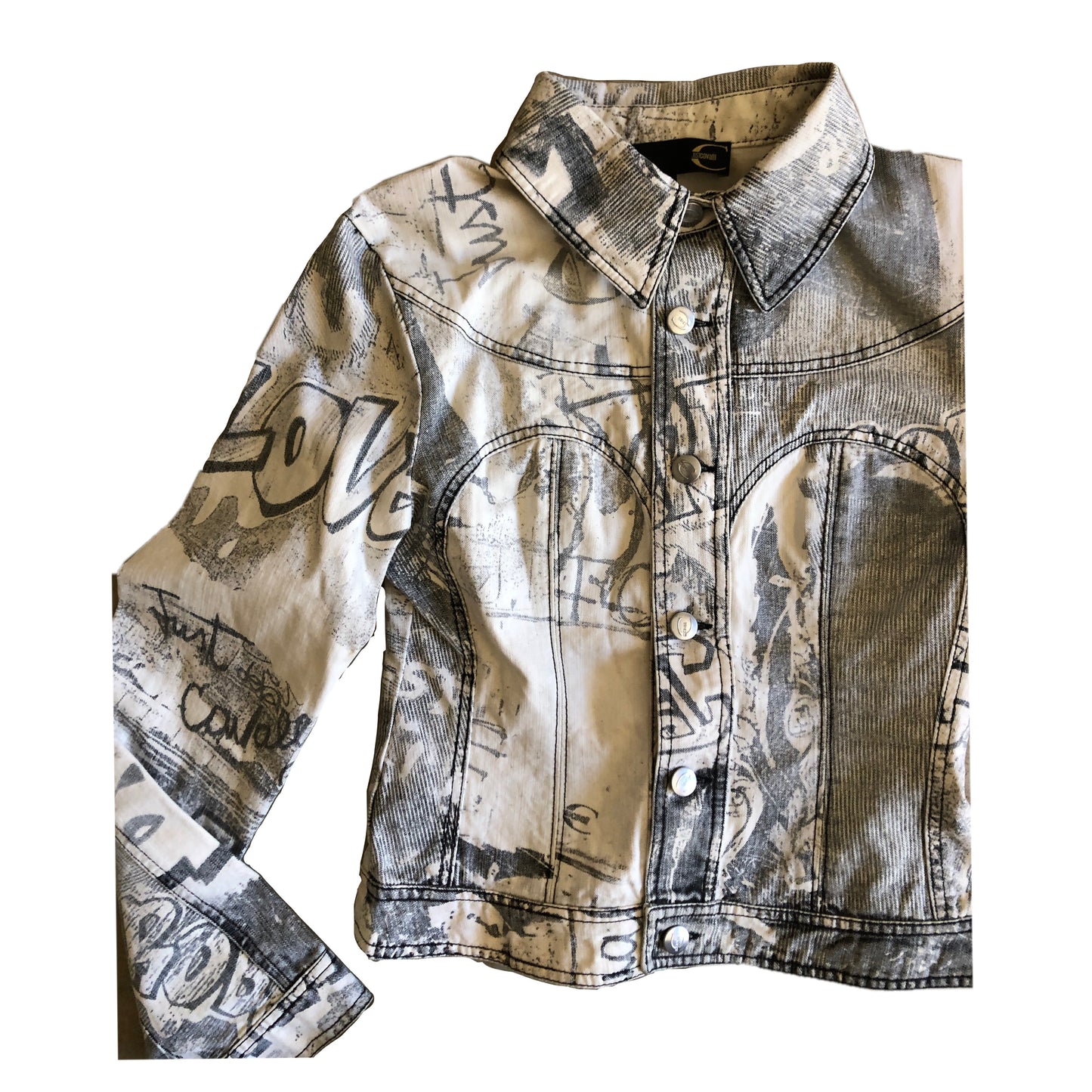Roberto Cavalli Graffiti Grey/White Bustier Denim Jacket