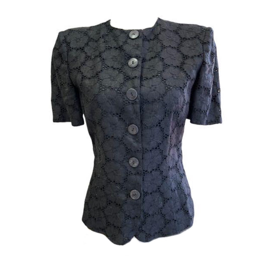 Valentino Miss V Broderie Crochet Lace SS Shoulder Pad Top Blazer