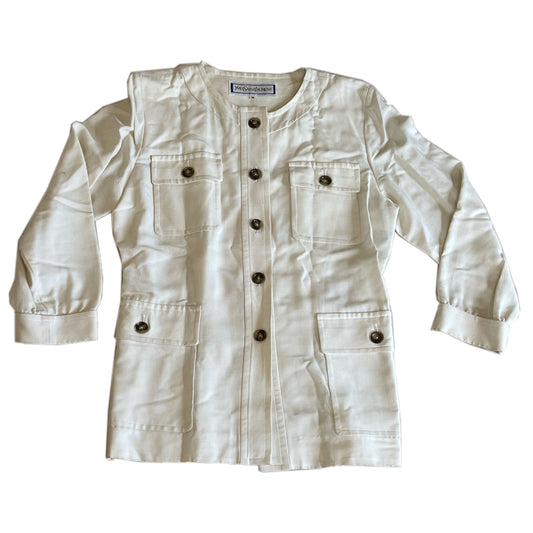 Yves Saint Laurent Linen Button Down Collarless BeltedBlazer Skirt Set Two Piece