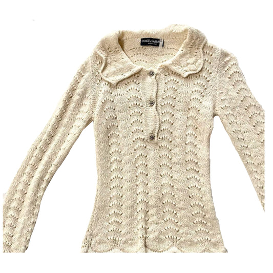 Dolce & Gabbana 100% Alpaca Scallop Knit LS w Pearl Flower Buttons