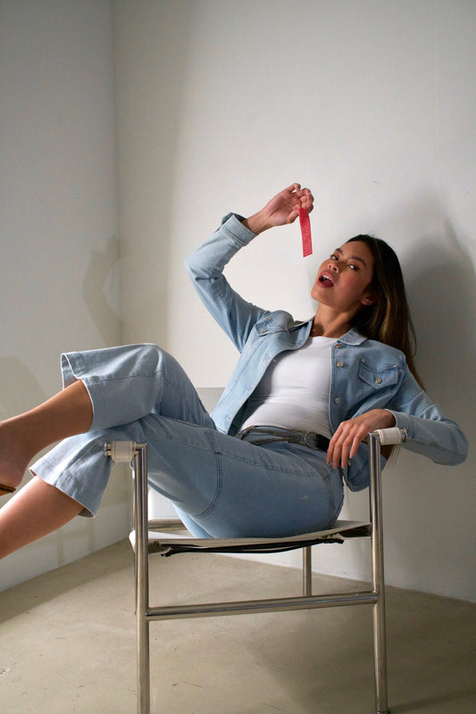 Escada Denim Love Heart Studded Two Piece Jacket Jean Set