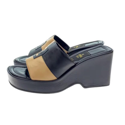 Fendi Leather Wedge Platform Bicolour Logo Sz 37