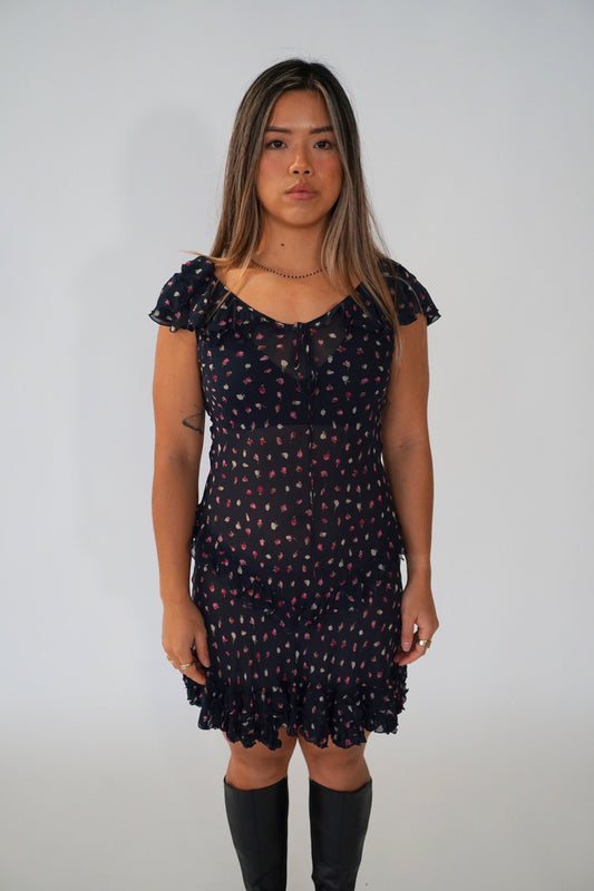 Moschino Cheap And Chic Floral Sheer Chiffon Frill Layered Midi Dress