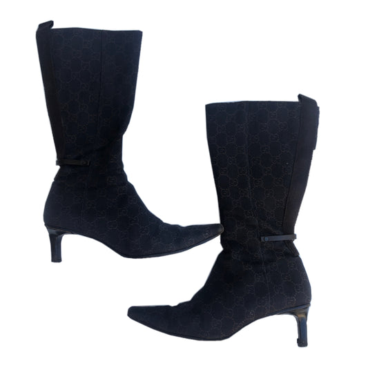 Gucci Black/Brown Monogram Kitten Heel Mid Calf Boot
