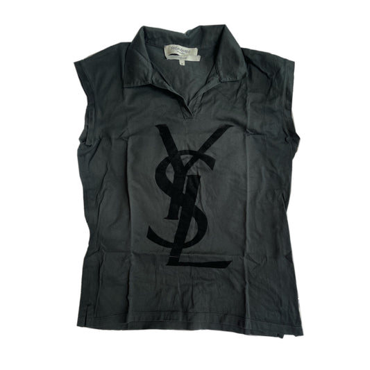 Yves Saint Laurent Dark Teal Velvet Logo Sleeveless Quarter Polo