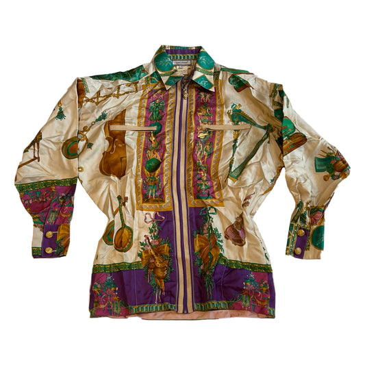Gianni Versace Statue Print Pleated Medusa Zipper Shirt