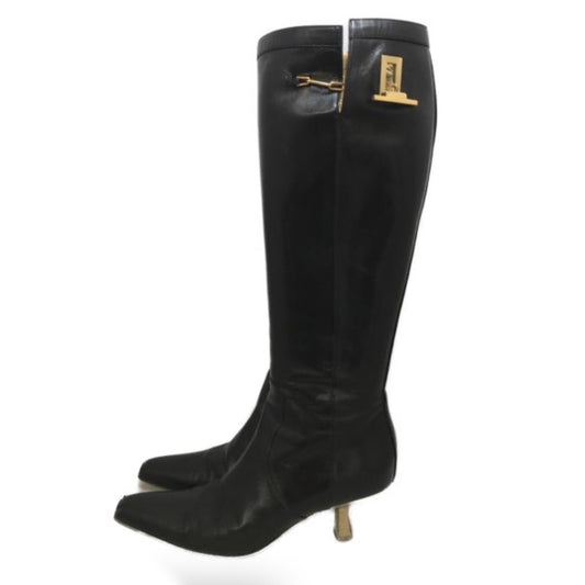 Gucci Wooden Heel Leather Knee High Chain Buckle Boots