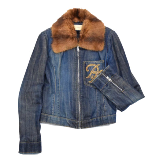 Blumarine Fur Collar Diamante Logo Pocket Zip Denim Jacket